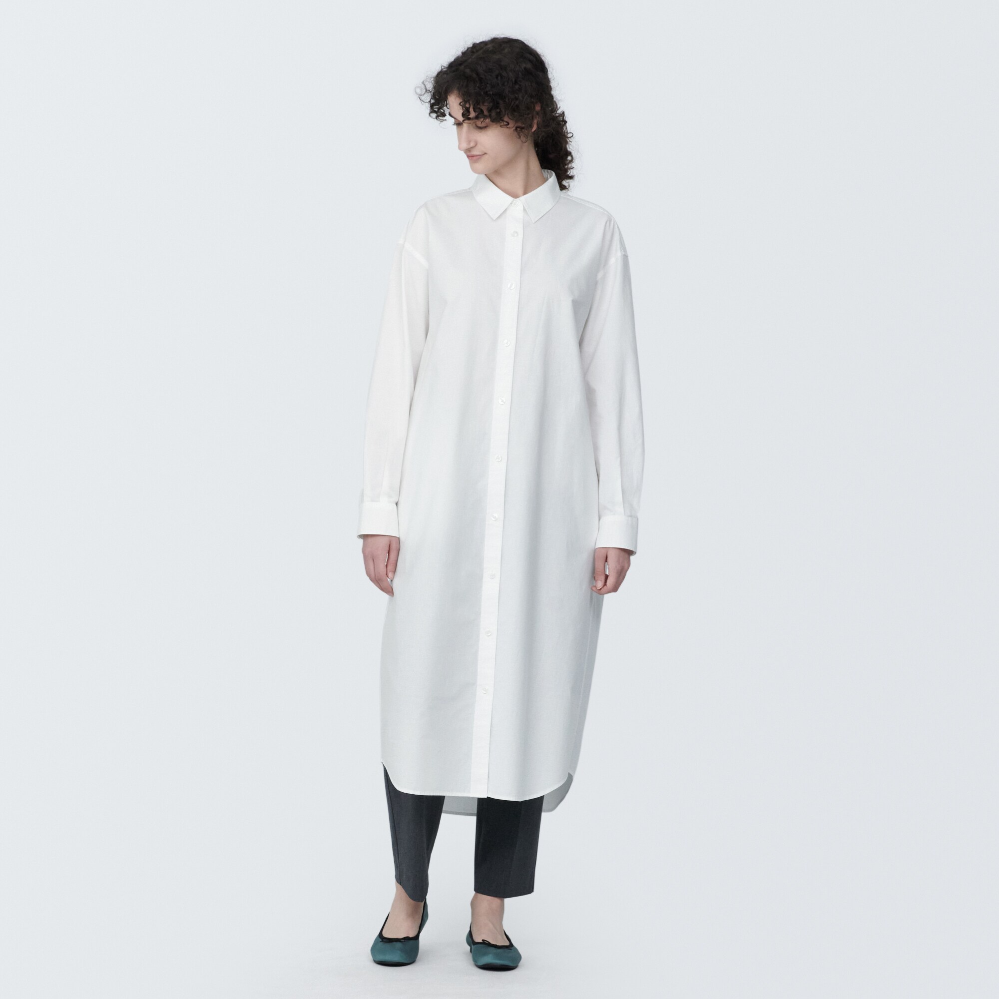 婦人　洗いざらし　ブロードレギュラーカラー長袖ワンピース