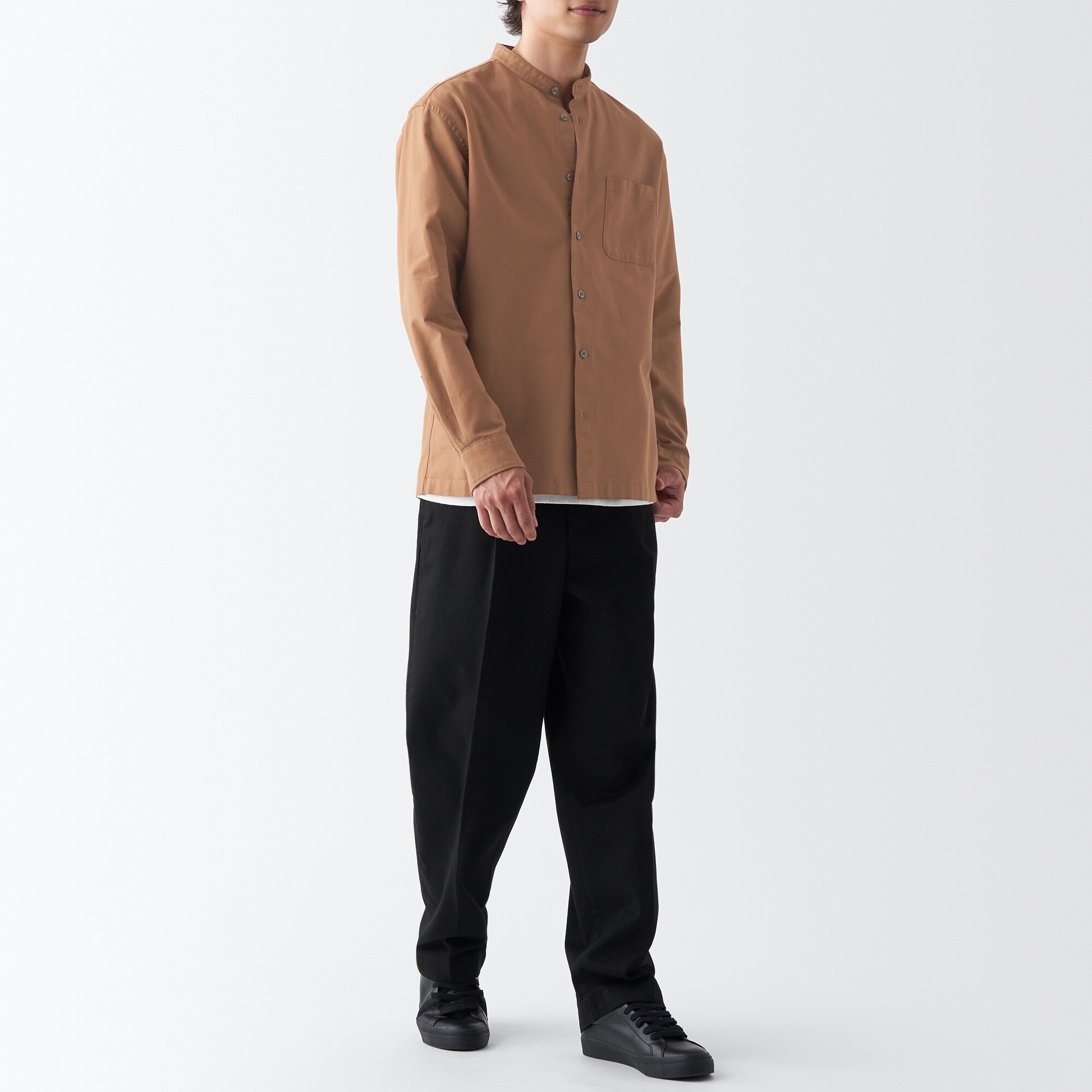 洗いざらしオックススタンドカラー長袖シャツ