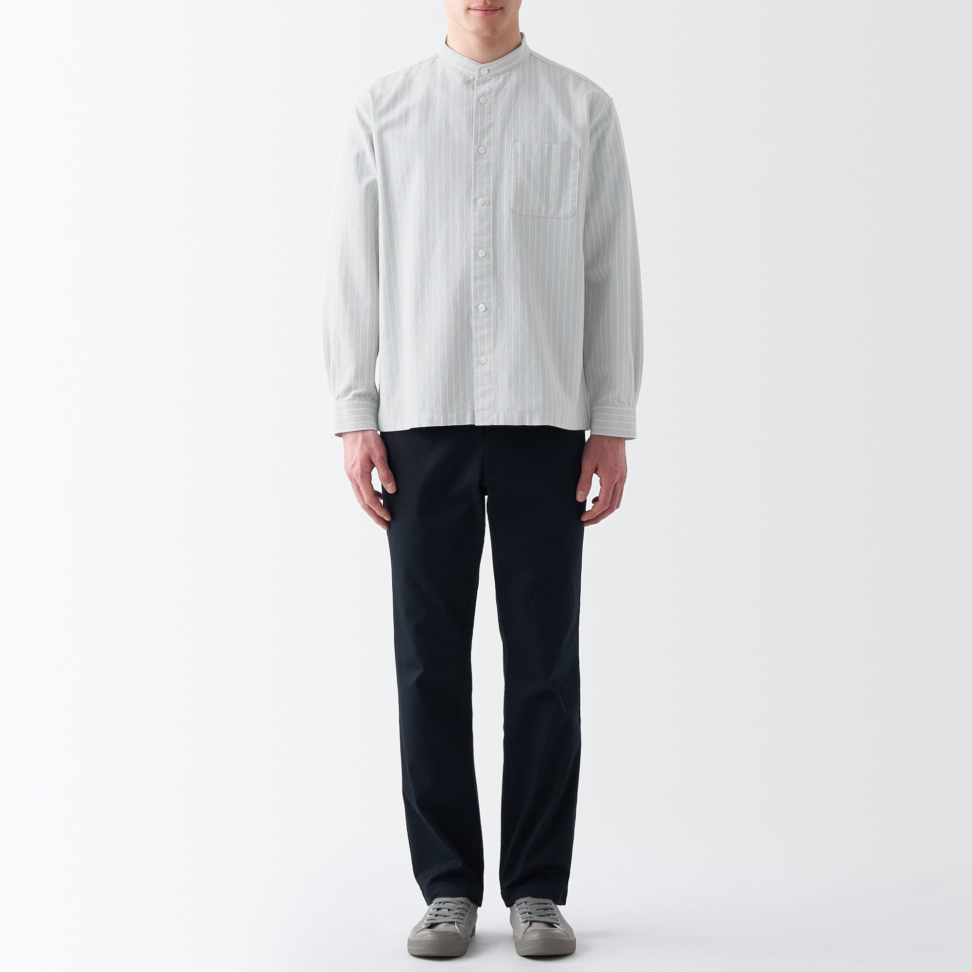 洗いざらしオックススタンドカラー長袖シャツ