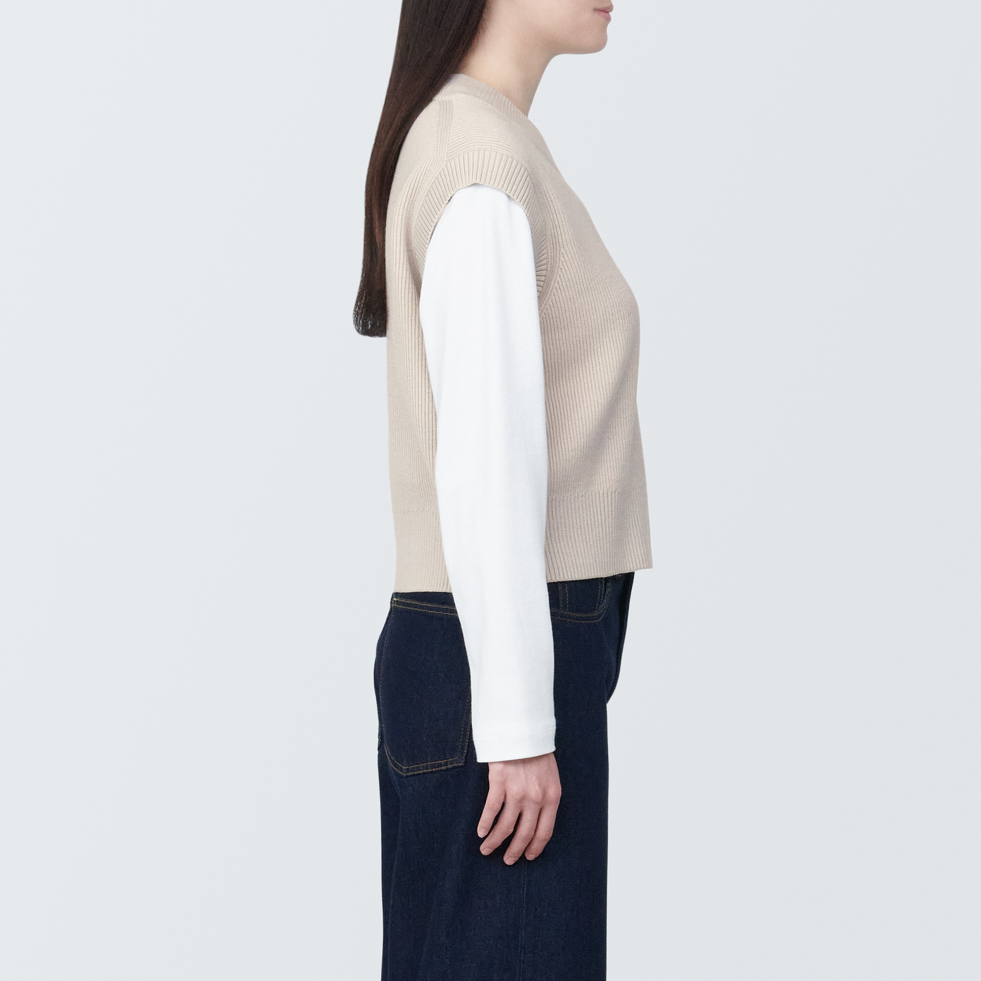 婦人　洗える畦編みショート丈Ｖネックベスト