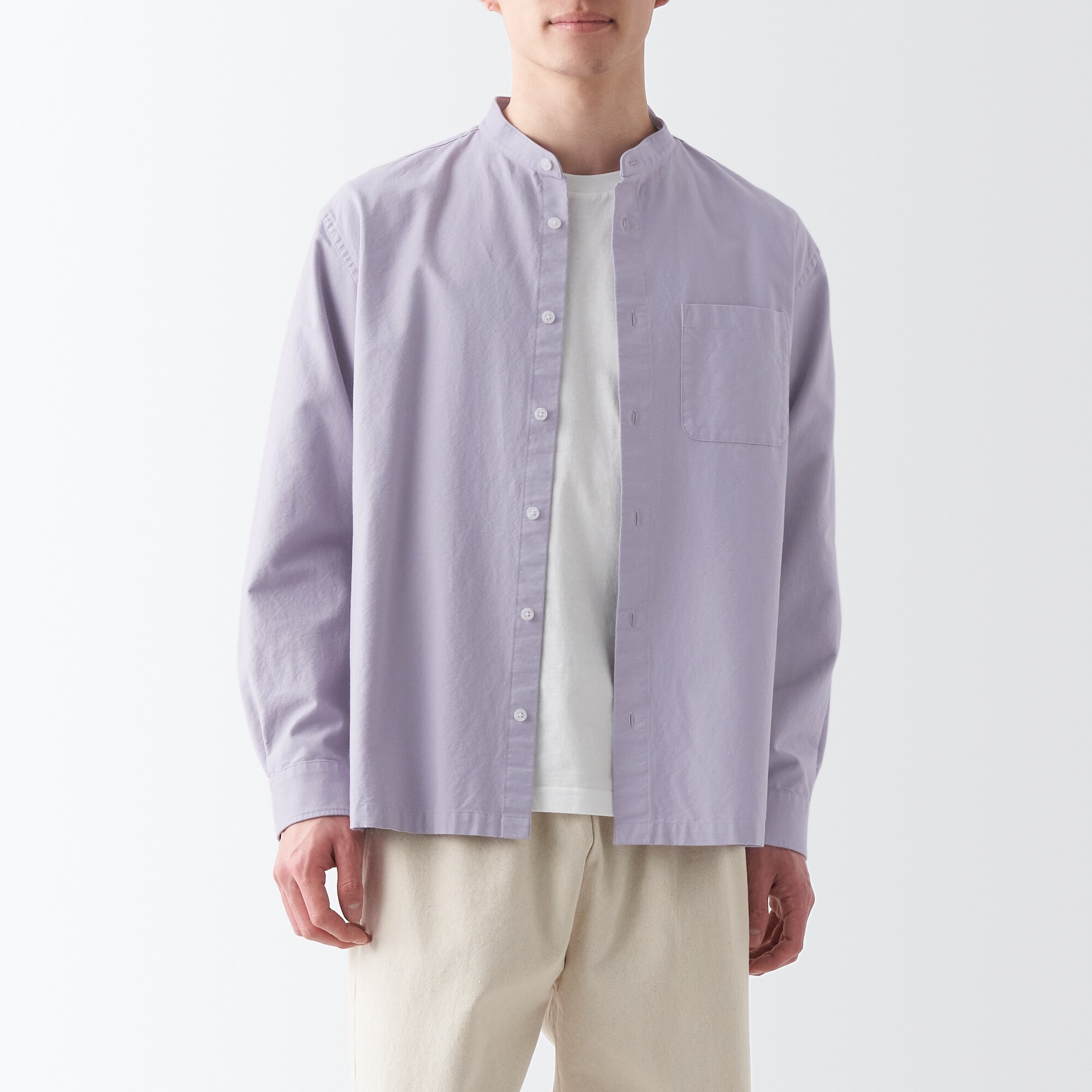 洗いざらしオックススタンドカラー長袖シャツ