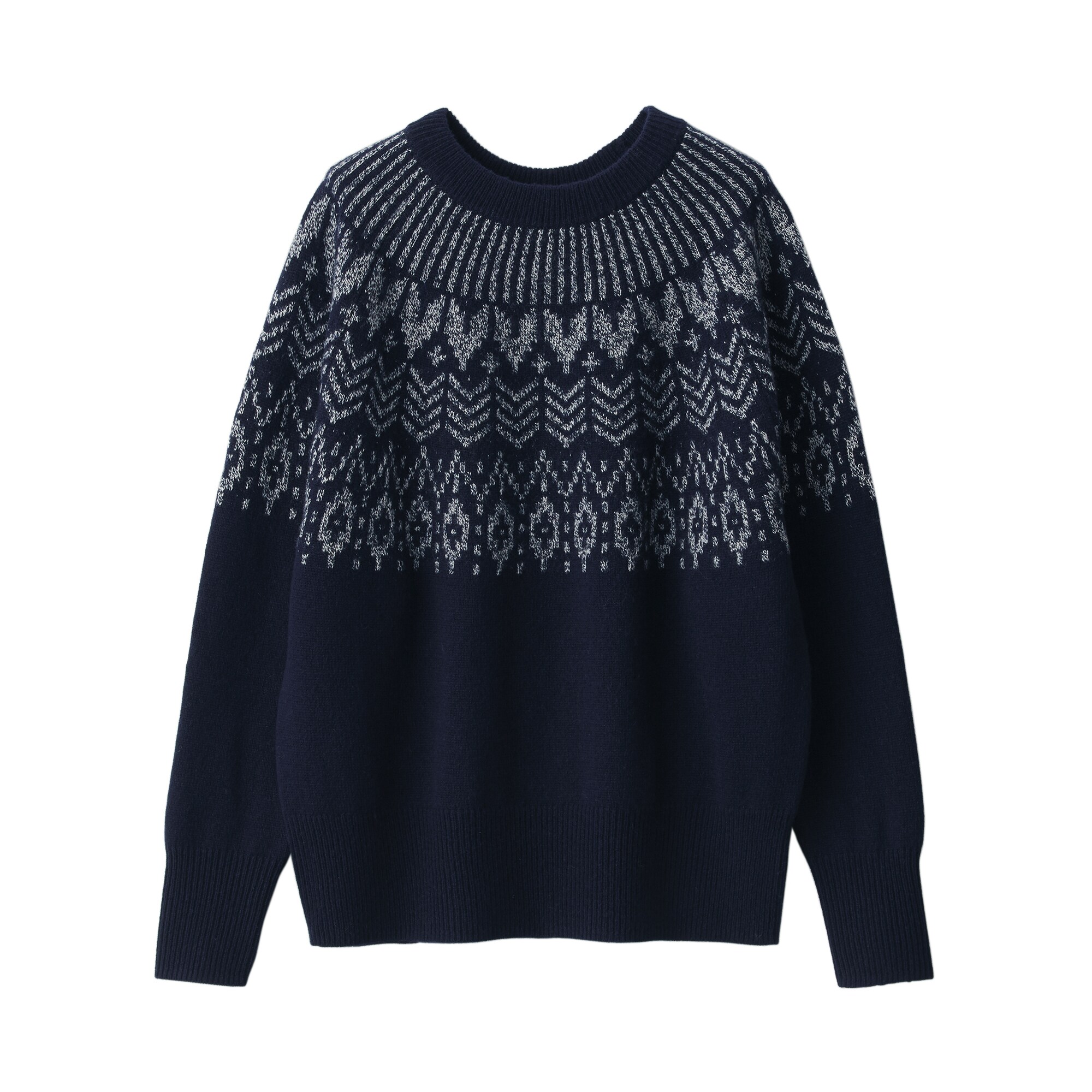 メリノウールジャカード編みクルーネックセーター