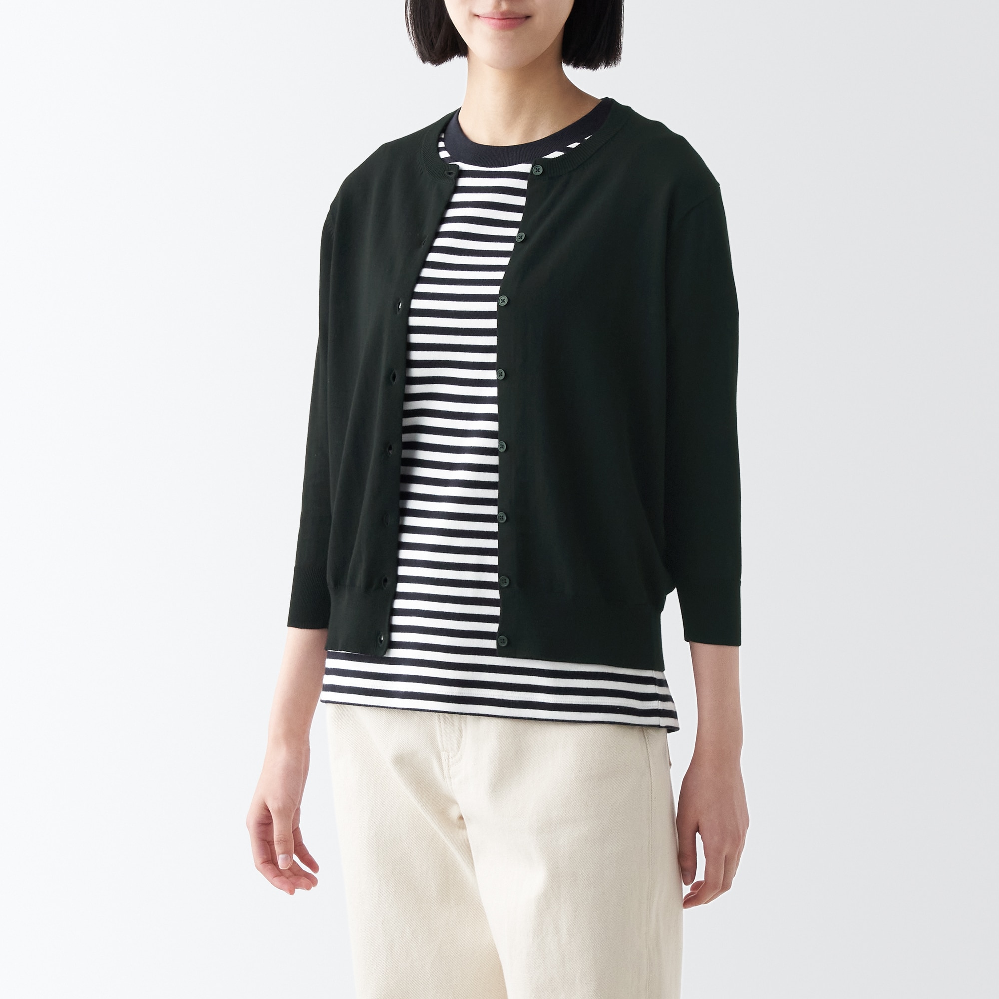 ＵＶカット強撚クルーネックカーディガン（七分袖）