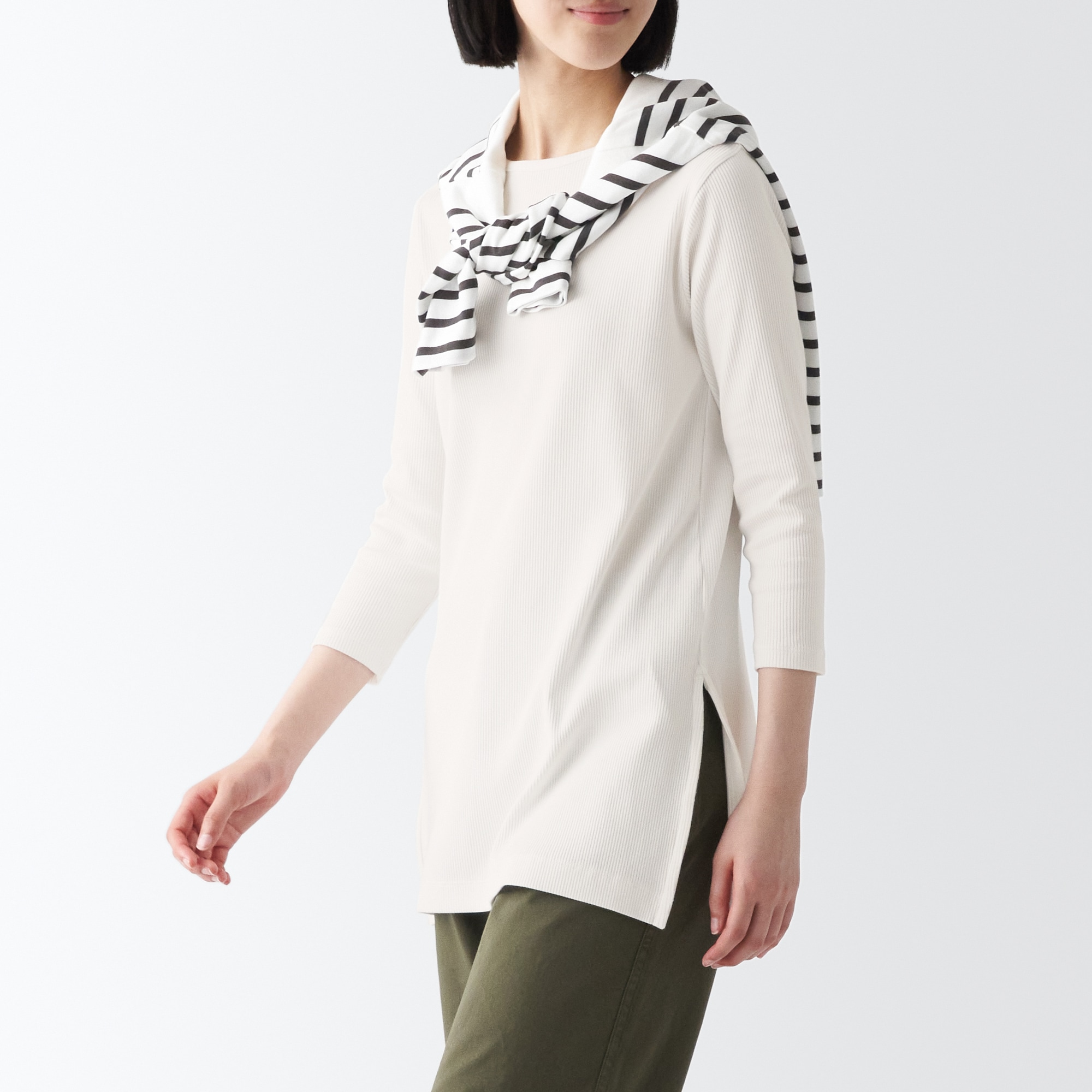 ストレッチリブ編み七分袖チュニック