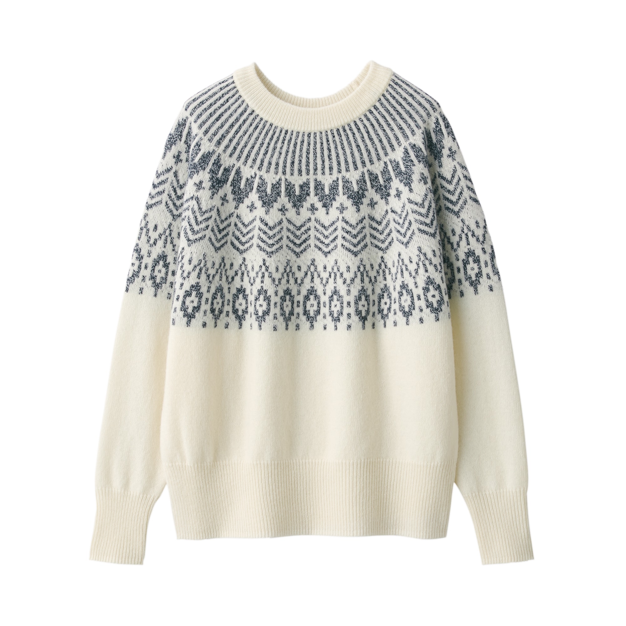 メリノウールジャカード編みクルーネックセーター
