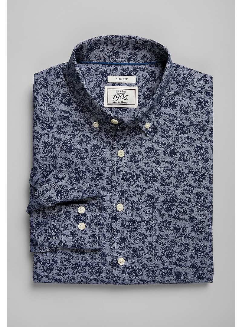 1905 Collection Slim Fit Button-Down Collar Chambray Floral Print Sportshirt - Big & Tall#6LX1