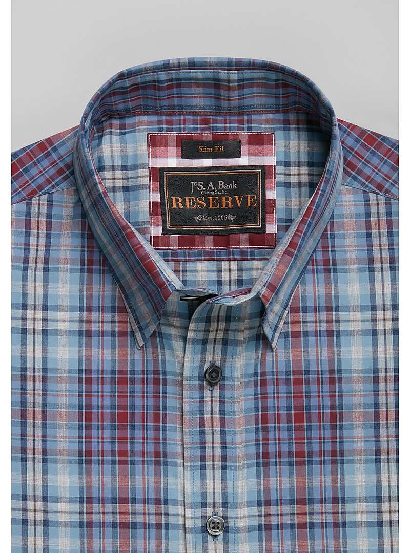 Reserve Collection Slim Fit Hidden Button-Down Collar Melange Plaid Sportshirt#6LFE