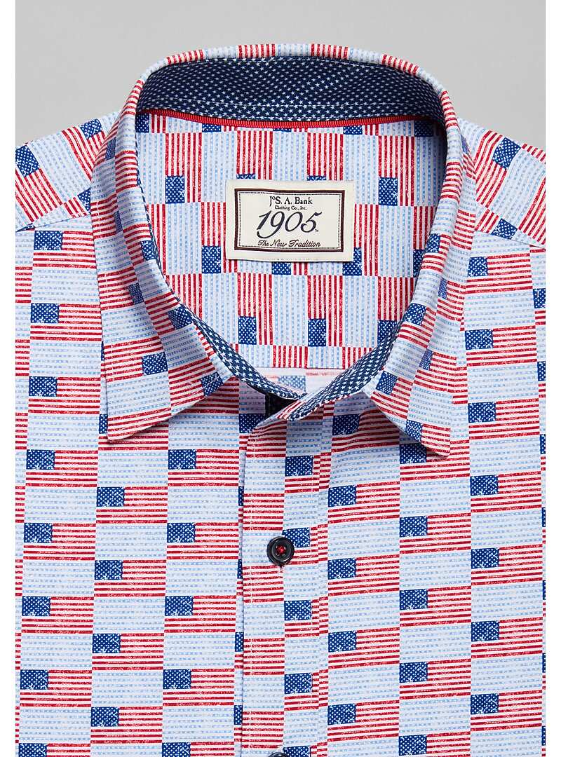 1905 Collection Tailored Fit Flag Print Short Sleeve Sportshirt - Big & Tall#6HY7