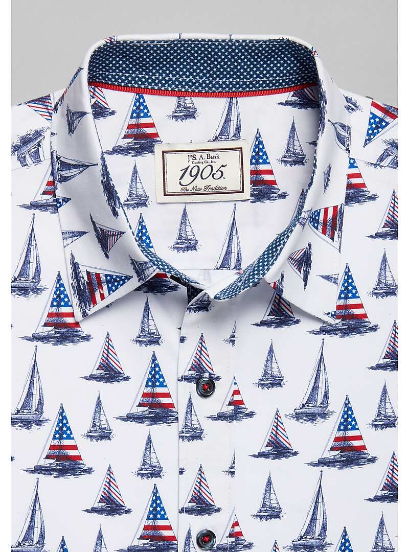 1905 Collection Tailored Fit Sailboat Flag Print Short Sleeve Sportshirt - Big & Tall#6HY3