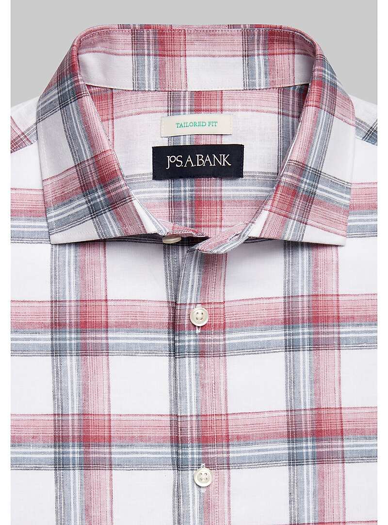 Jos. A. Bank Tailored Fit Spread Collar Plaid Short Sleeve Sportshirt - Big & Tall#6ML1
