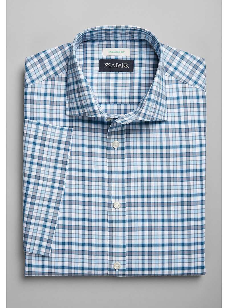 Jos. A. Bank Tailored Fit Spread Collar Plaid Short Sleeve Sportshirt - Big & Tall#6MM9