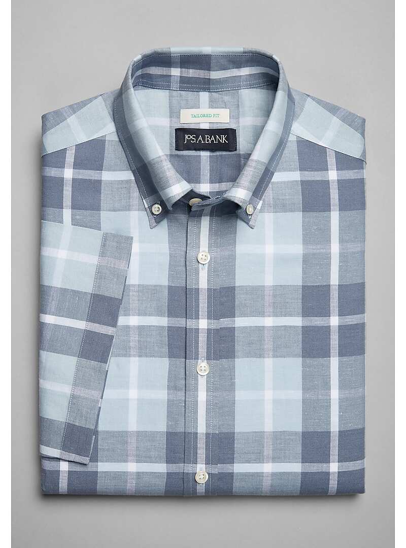 Jos. A. Bank Tailored Fit Blanket Plaid Short Sleeve Sportshirt - Big & Tall#6MNX