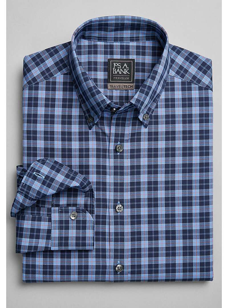 Travel Tech Tailored Fit Button-Down Collar Plaid Sportshirt - Big & Tall#6M5X