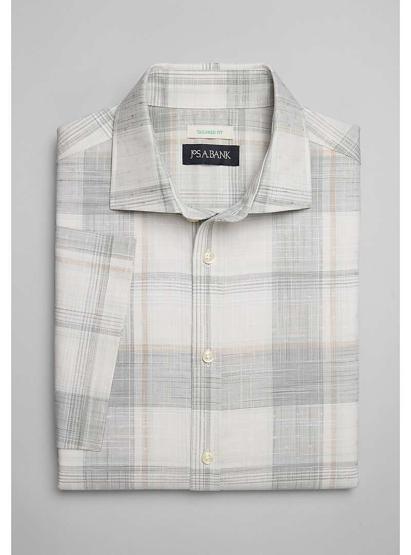 Jos. A. Bank Tailored Fit Spread Collar Short Sleeve Plaid Sportshirt - Big & Tall#6MTC