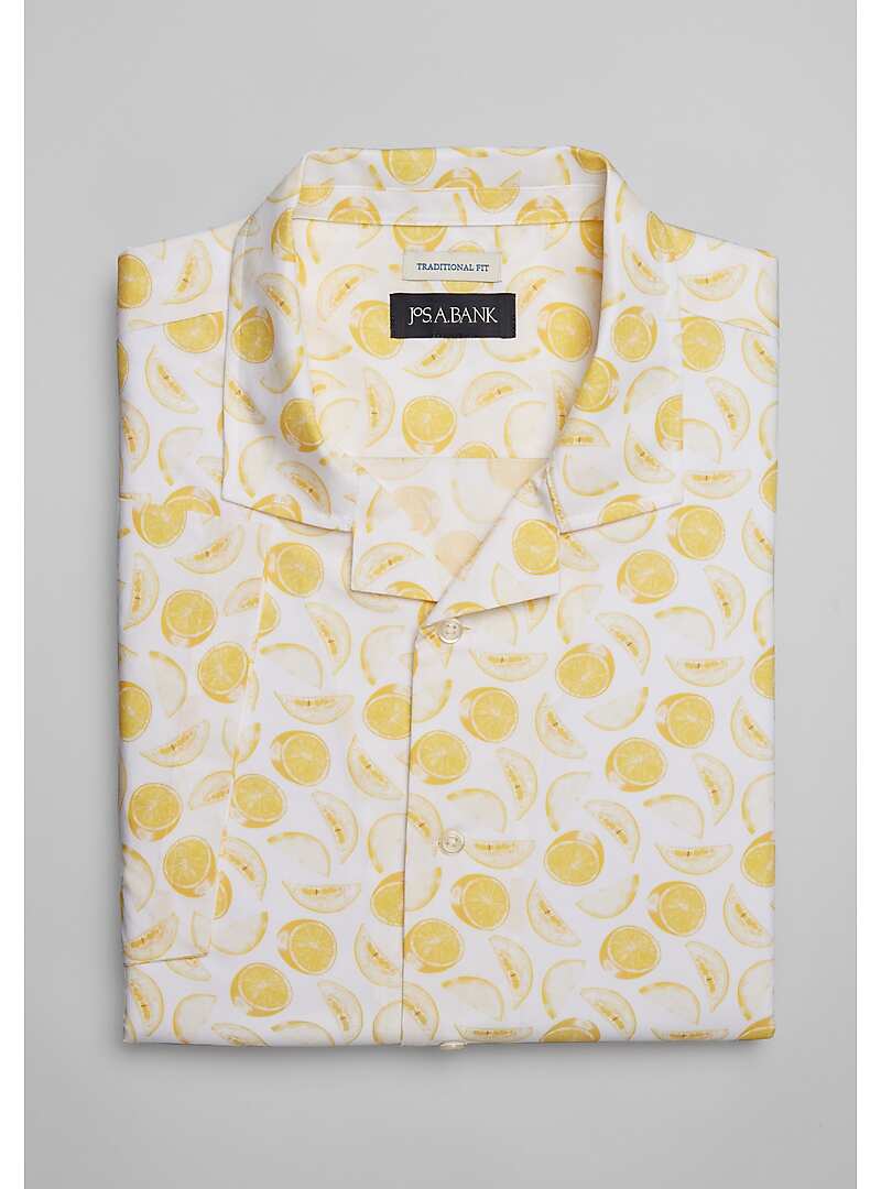 Jos. A. Bank Traditional Fit Spread Collar Short Sleeve Lemon Camp Shirt - Big & Tall#6MP5