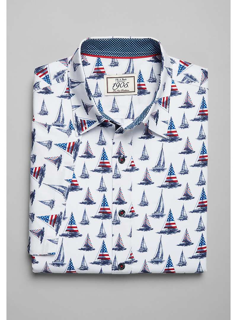 1905 Collection Tailored Fit Sailboat Flag Print Short Sleeve Sportshirt - Big & Tall#6HY3