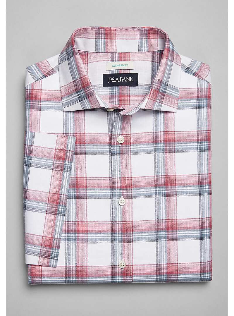 Jos. A. Bank Tailored Fit Spread Collar Plaid Short Sleeve Sportshirt - Big & Tall#6ML1