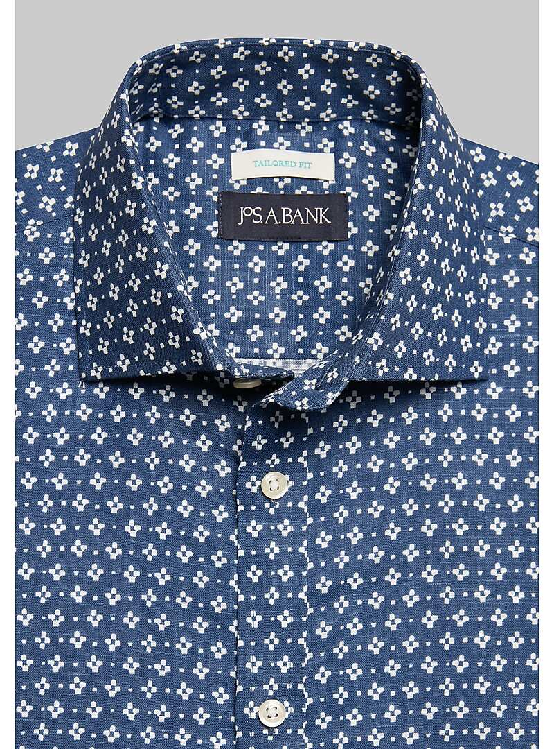 Jos. A. Bank Tailored Fit Spread Collar Block Print Short Sleeve Sportshirt - Big & Tall#6ML3