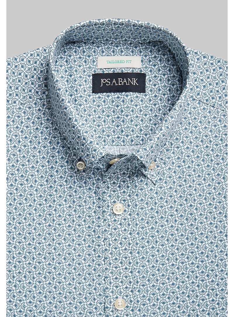Jos. A. Bank Tailored Fit Button-Down Collar Ginkgo Print Short Sleeve Sportshirt#6MJX
