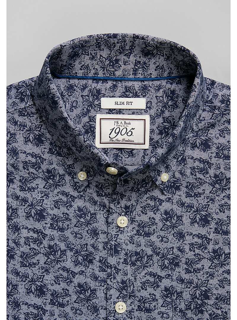 1905 Collection Slim Fit Button-Down Collar Chambray Floral Print Sportshirt - Big & Tall#6LX1