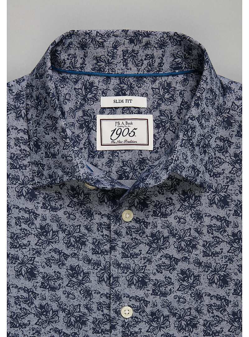 1905 Collection Slim Fit Spread Collar Chambray Floral Print Short Sleeve Sportshirt#6M0E