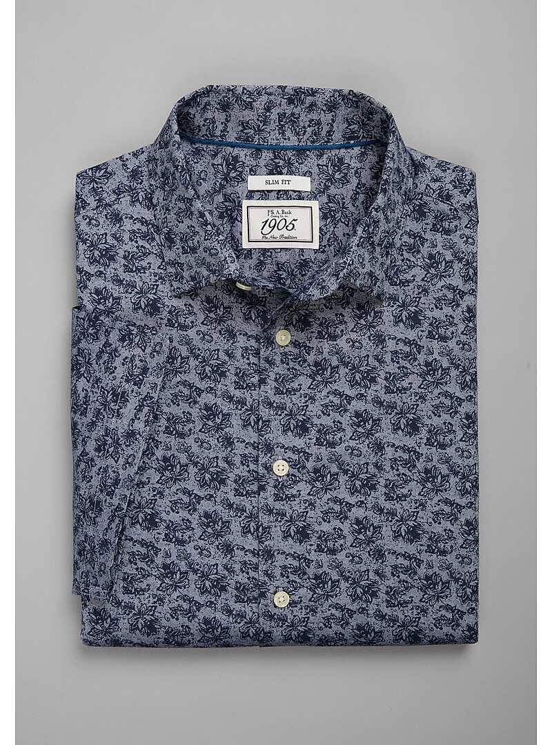 1905 Collection Slim Fit Spread Collar Chambray Floral Print Short Sleeve Sportshirt#6M0E