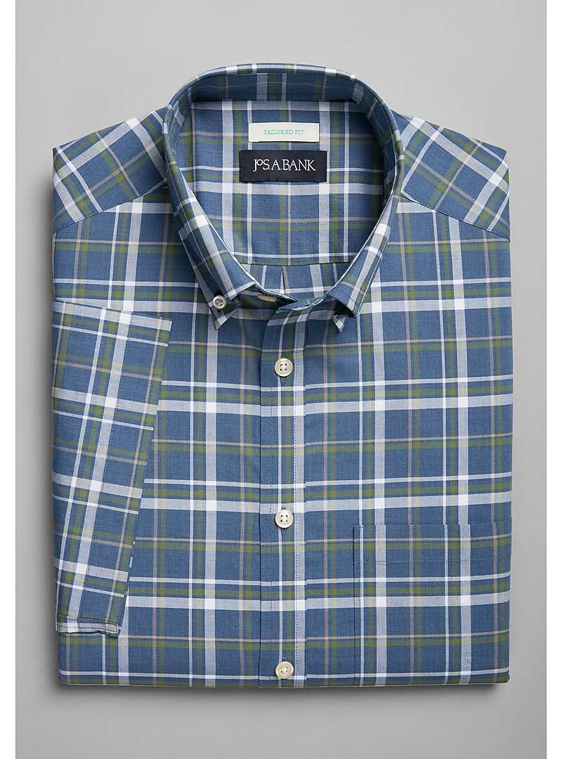 Jos. A. Bank Tailored Fit Button-Down Collar Check Short Sleeve Sportshirt#6MJV