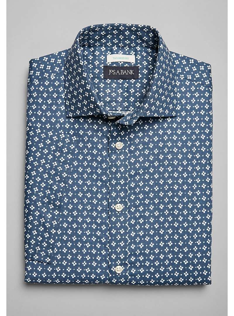 Jos. A. Bank Tailored Fit Spread Collar Block Print Short Sleeve Sportshirt - Big & Tall#6ML3