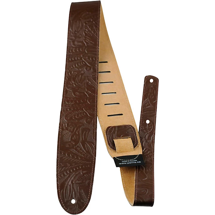 25 Tooled Western Flower Embossed Leather Guitar Strap Brown