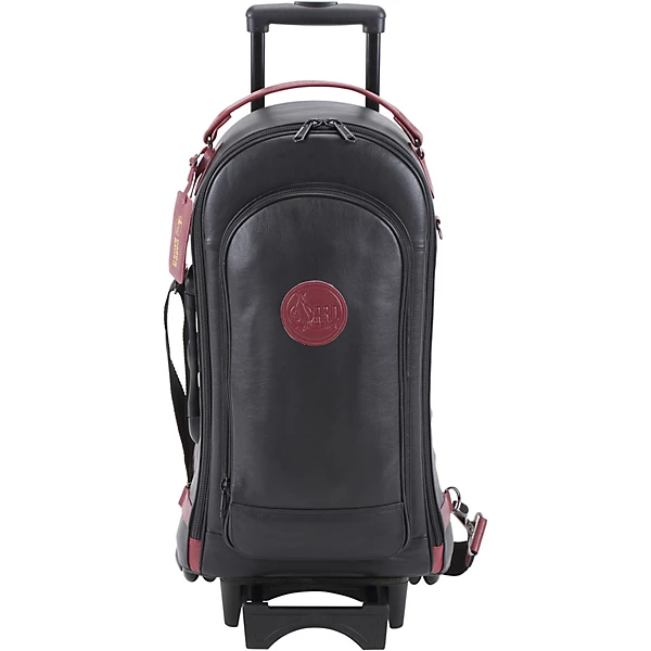 Designer Compact Triple Trumpet Wheelie Black Leather with Burgundy Leather Trim