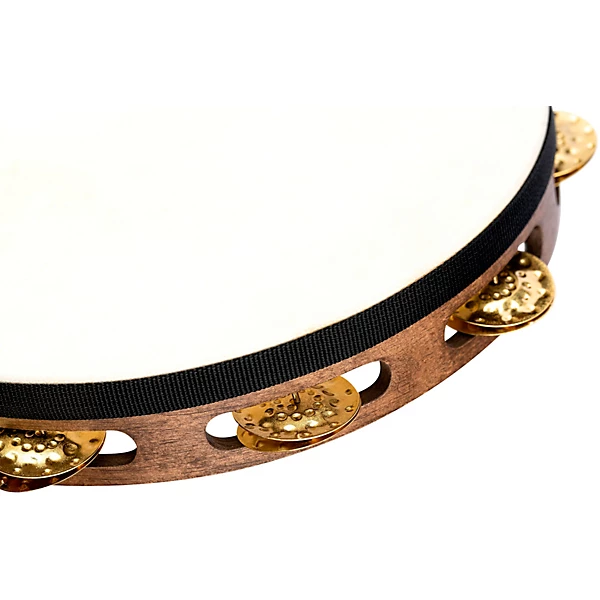 Vintage Goat Skin Wood Tambourine One RowBrass Jingles Walnut Brown 10 in