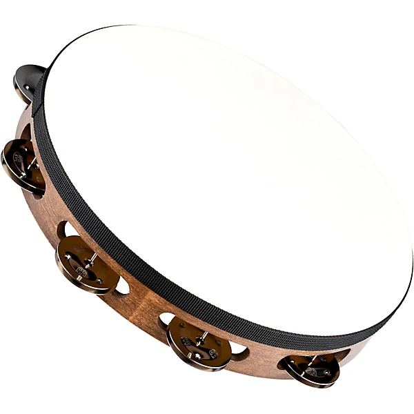 Headed Wood Tambourine with Single Row Steel Jingles 10 in Walnut Brown