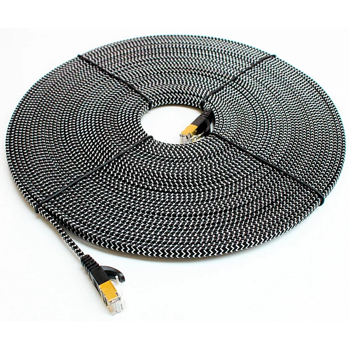 CAT7 10 Gigabit Ethernet Ultra Flat Braided Cable Black White 50 ft Black and White