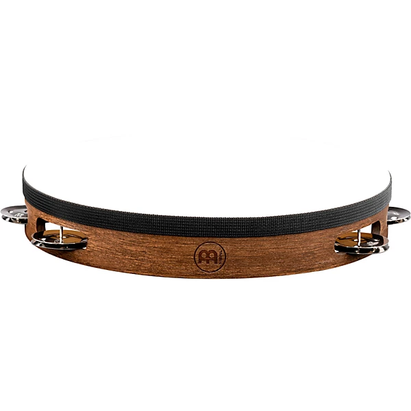 Headed Wood Tambourine with Single Row Steel Jingles 10 in Walnut Brown