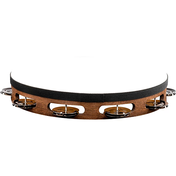 Headed Wood Tambourine with Single Row Steel Jingles 10 in Walnut Brown