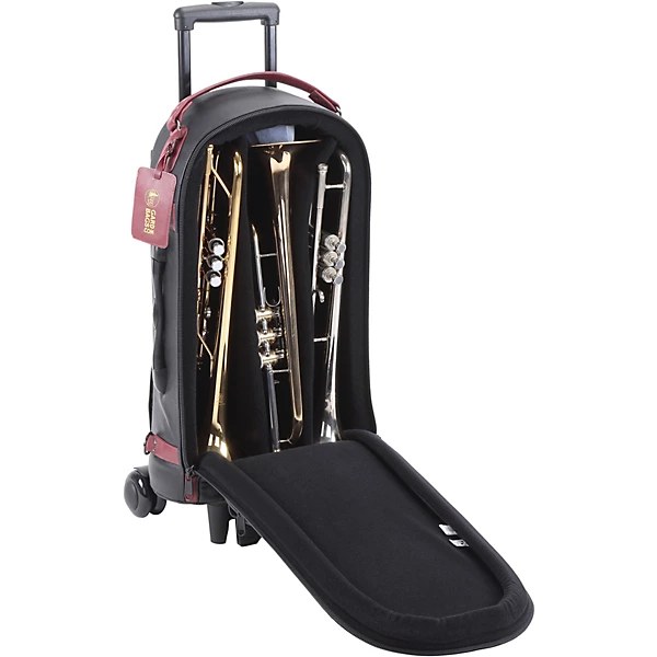 Designer Compact Triple Trumpet Wheelie Black Leather with Burgundy Leather Trim