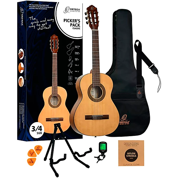 Ortega RPPC34 3/4 Size Nylon String Classical Acoustic Guitar Pack Natural