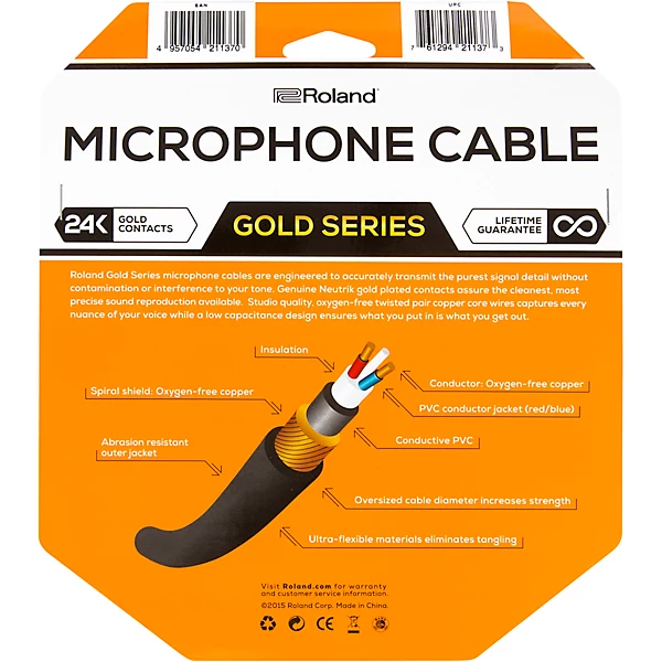 Roland Gold Series XLR Microphone Cable Level 1 25 ft Black J37418004003001.gc