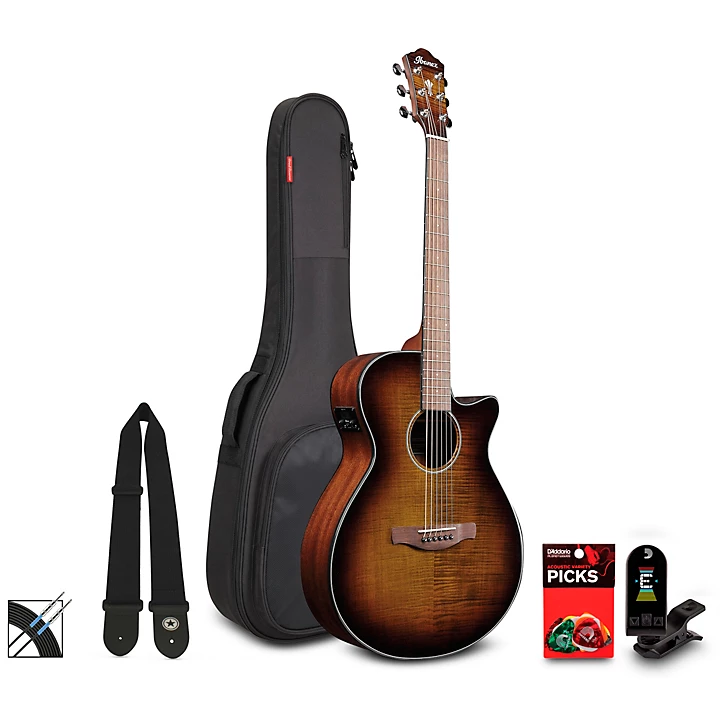 AEG70 Flamed Maple Top Grand Concert Acoustic Electric Guitar Pack Tiger Burst