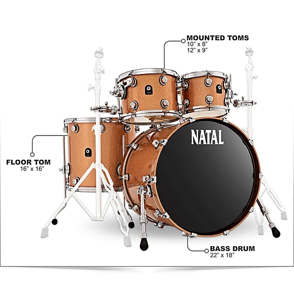 Natal Drums Cafe Racer US Fusion 22 4 Piece Shell Pack With 22 Bass Drum Level 1 Champagne Sparkle K46694004001000.gc