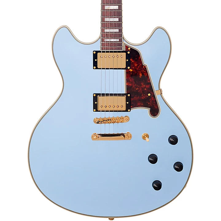 Open Box D'Angelico Deluxe Series Limited Edition DC Non F Hole Semi Hollowbody Electric Guitar Level 1 Matte Powder Blue Tortoise Pickguard