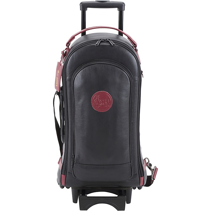 Designer Compact Triple Trumpet Wheelie Black Leather with Burgundy Leather Trim