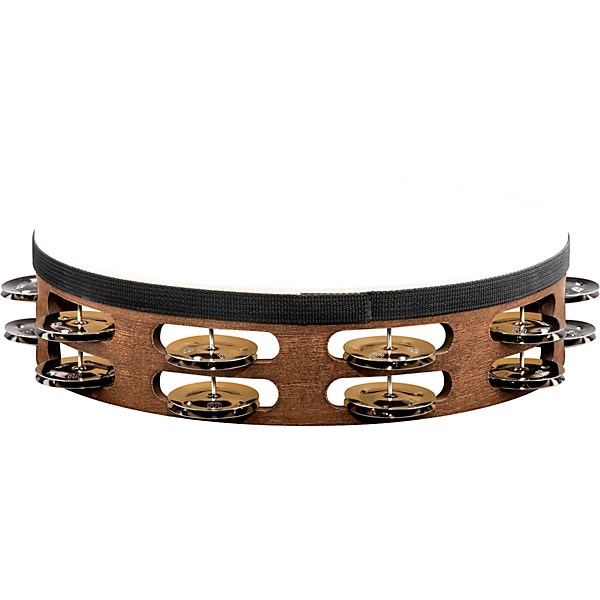Headed Wood Tambourine with Double Row Steel Jingles 10 in Walnut Brown