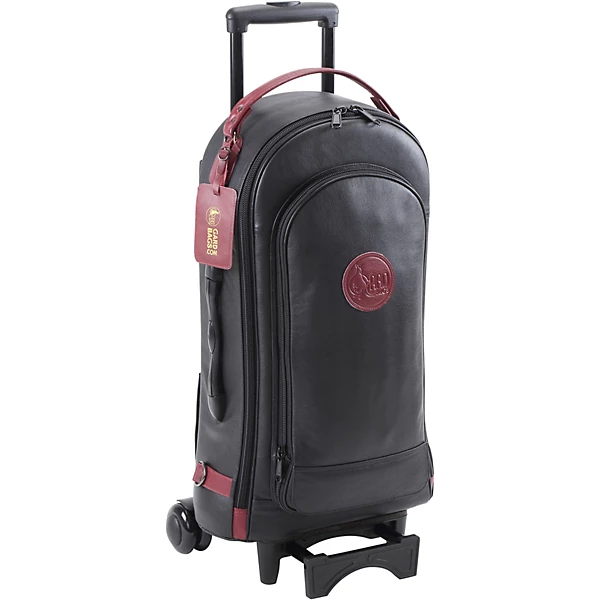 Designer Compact Triple Trumpet Wheelie Black Leather with Burgundy Leather Trim