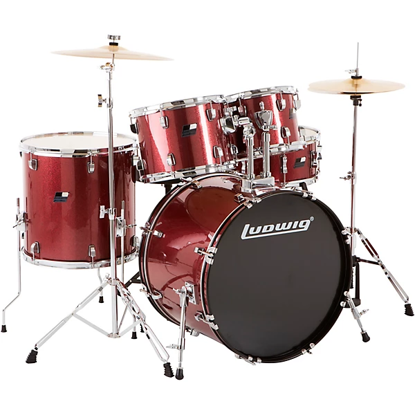 Ludwig Backbeat Complete 5 Piece Drum Set with Hardware and Cymbals Level 1 Wine Red Sparkle L26224004002000.gc