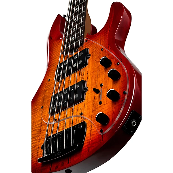 Sterling by Music Man StingRay 5 RAY35 HH Spalted Maple Top Bass Level 2 Blood Orange Burst