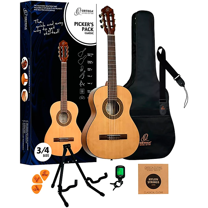 Ortega RPPC34 3/4 Size Nylon String Classical Acoustic Guitar Pack Natural