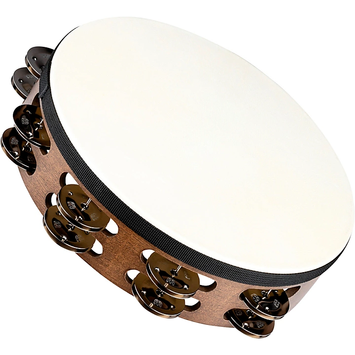 Headed Wood Tambourine with Double Row Steel Jingles 10 in Walnut Brown
