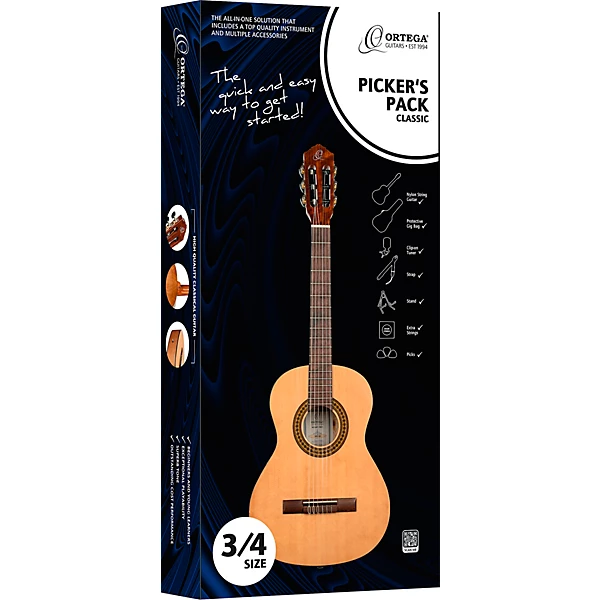 Ortega RPPC34 3/4 Size Nylon String Classical Acoustic Guitar Pack Natural