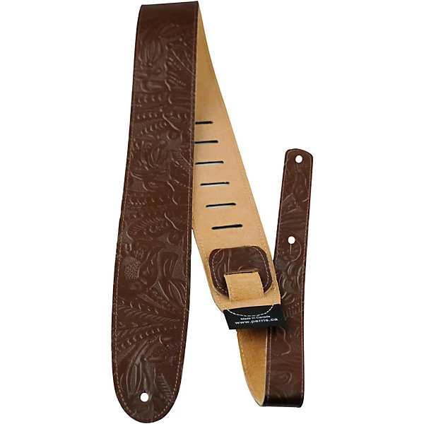 25 Tooled Western Flower Embossed Leather Guitar Strap Brown